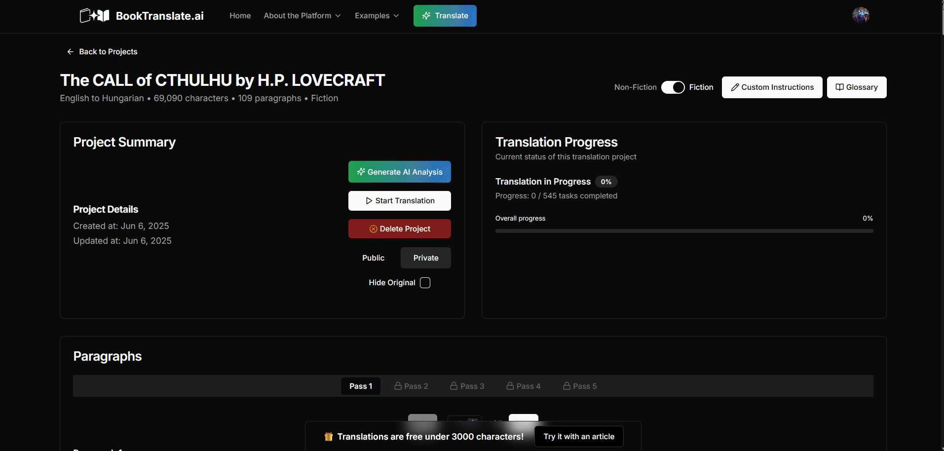 AI Literary Analysis Engine processing a manuscript - Desktop View