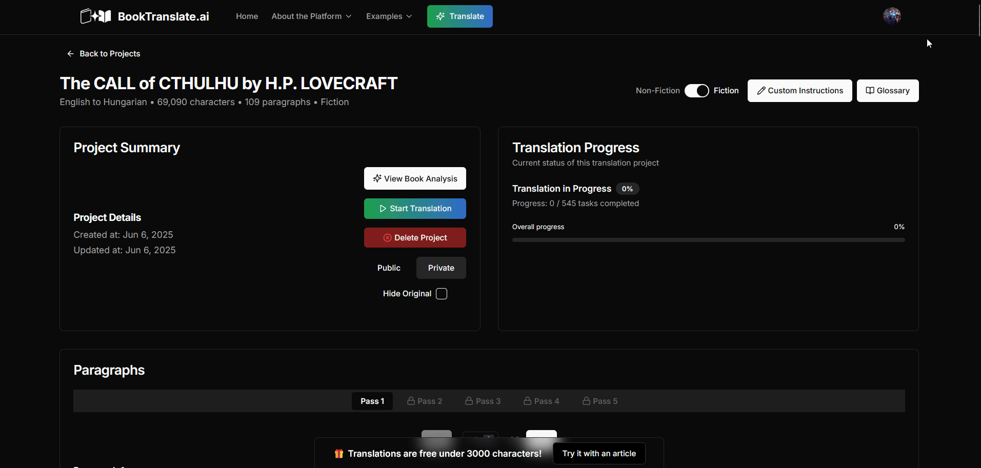User configuring glossary and custom instructions - Desktop View