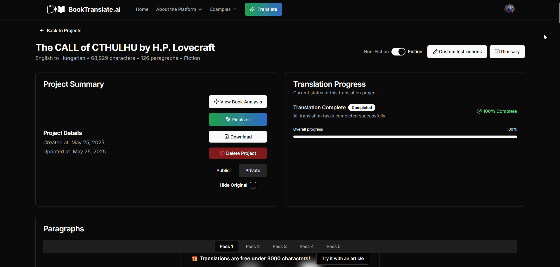 Downloading the final translated text - Desktop View