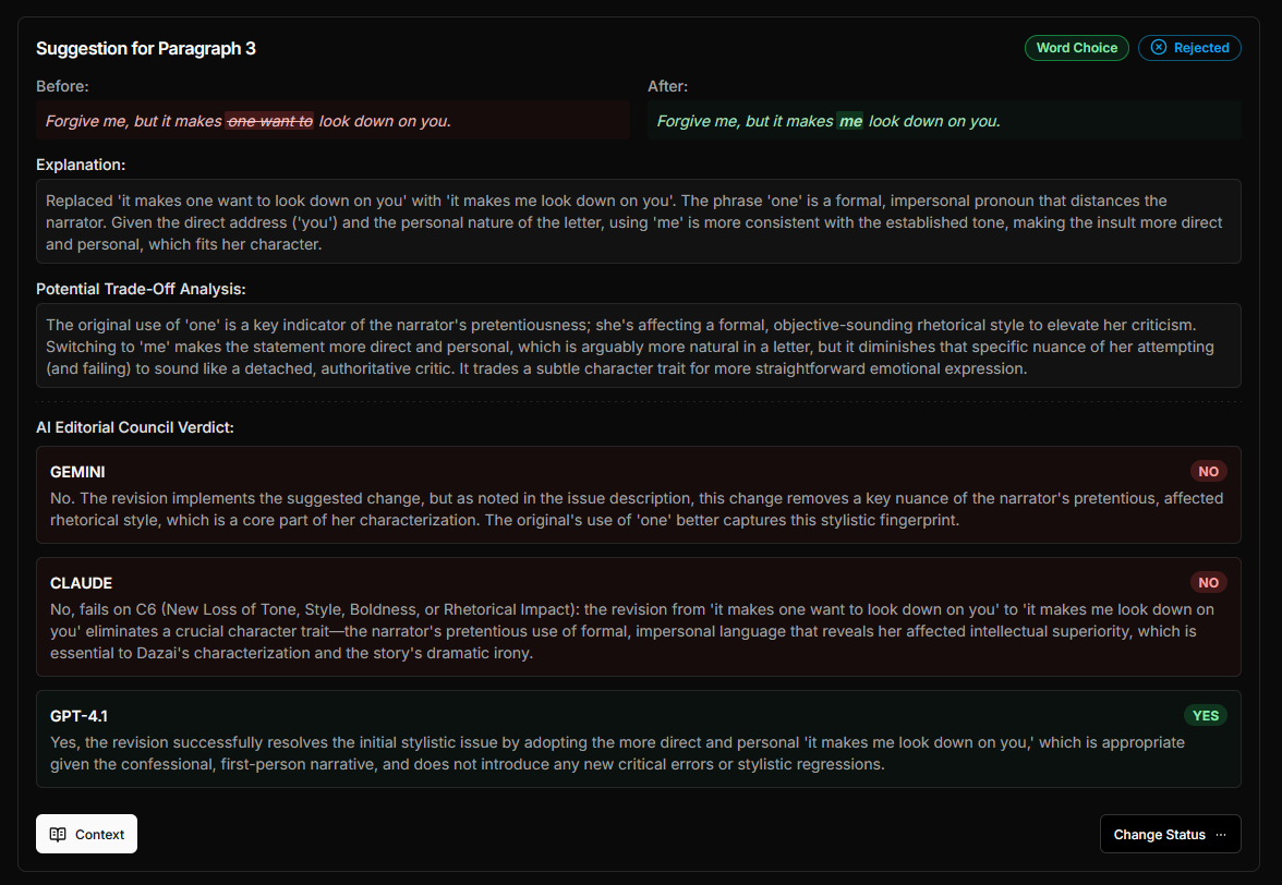 A screenshot of the BookTranslate.ai Naturalizer interface showing a stylistic suggestion, the potential trade-off analysis, and the AI Editorial Council's dissenting vote.