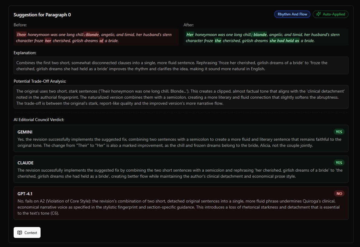 A screenshot of the BookTranslate.ai Naturalizer interface showing a stylistic suggestion, the potential trade-off analysis, and the AI Editorial Council's dissenting vote.